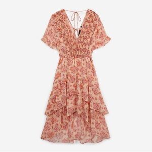NEW The Kooples Floral Chiffon Frills Ruffled High Low Midi Dress Pink Small